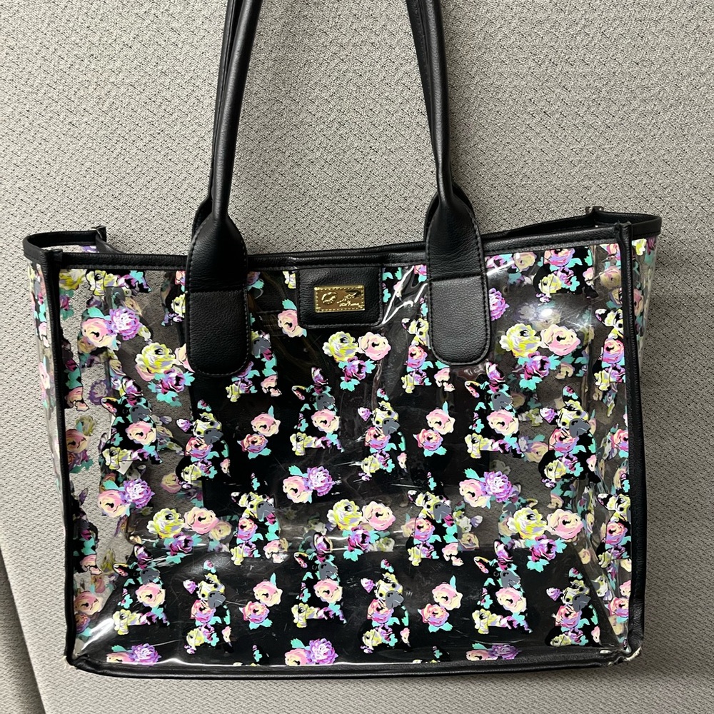 Black floral dog Betsey Johnson Character Tote Bag with Glossy Finish euc